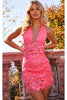 Jovani 04189 Halter Plunging V neck Sequin Mini Prom Dress - NEON PINK / 4