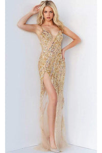 Jovani 04195 - Long Gown with Bejeweled Cutouts and Slit - Prom