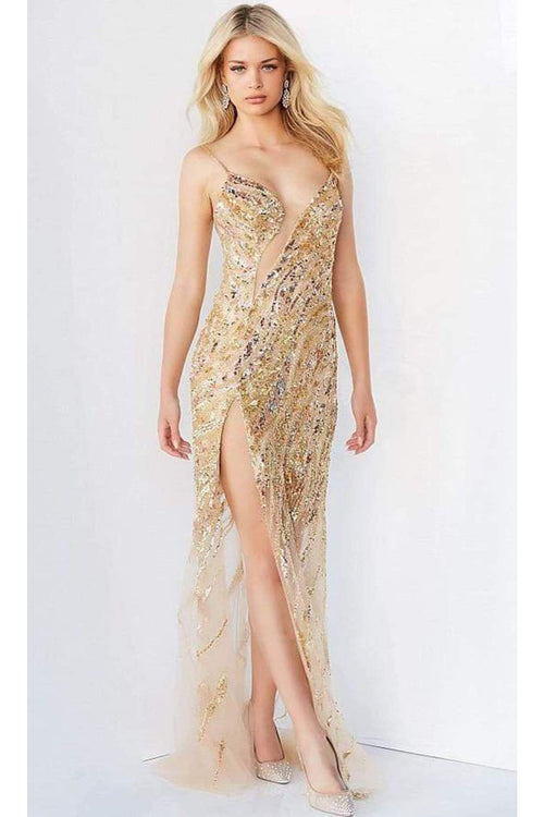 Jovani 04195 - Long Gown with Bejeweled Cutouts and Slit - Prom