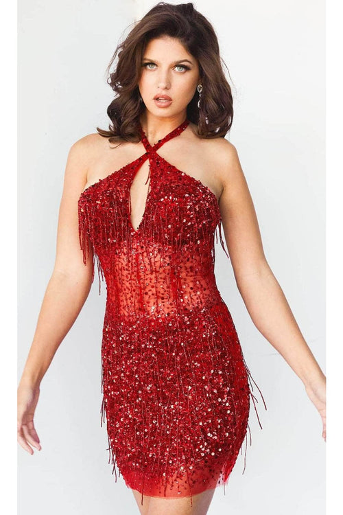 Jovani 04210 - Halter Neck Cocktail Dress with Beaded Fringe Accents - Prom