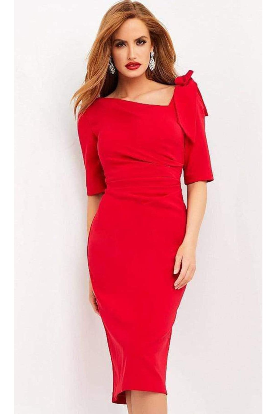 Jovani - 04281 Asymmetric Neck Fitted Knee Length Dress - Prom