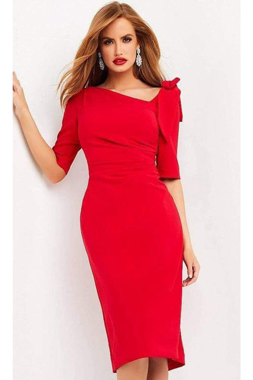 Jovani - 04281 Asymmetric Neck Fitted Knee Length Dress - Prom