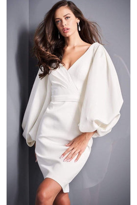 Jovani 04370 - V-Neck Cocktail Dress with Bubble Sleeves