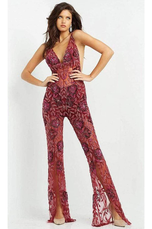 Jovani 04402 - V-Neck See-Through Beaded Jumpsuit - Prom