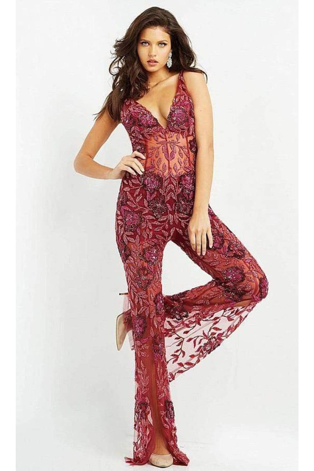 Jovani 04402 - V-Neck See-Through Beaded Jumpsuit - Prom