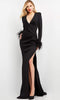 Jovani - 04501 V Neckline Feathered Sleeve Slit Gown - Prom