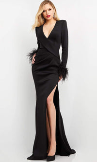 Jovani - 04501 V Neckline Feathered Sleeve Slit Gown - Prom