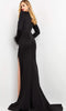 Jovani - 04501 V Neckline Feathered Sleeve Slit Gown - Prom