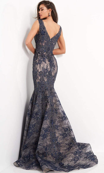 Jovani 04585 - Embroidered Deep V-Neck Mermaid Gown - Prom