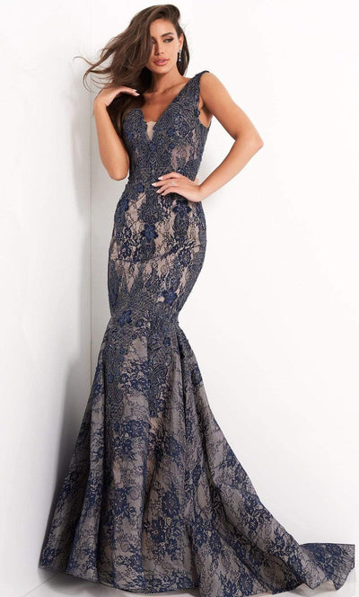 Jovani 04585 - Embroidered Deep V-Neck Mermaid Gown - Navy / 00 - Prom