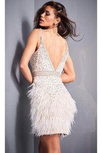 Jovani 04624 - Feathered Sheath Dress with Beaded Deep V-Neck - Prom