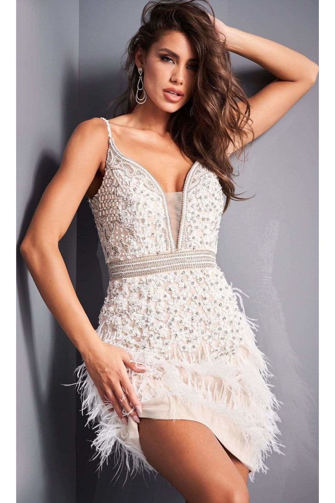 Jovani 04624 Sexy Plunging V-neck Feather Cocktail Dress - IVORY/NUDE / 00