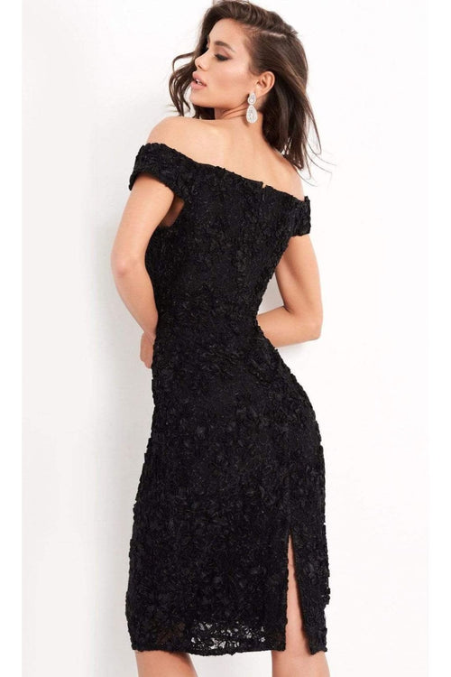 Jovani - 04763 Off-Shoulder Textured Lace Sheath Knee-Length Dress - Prom