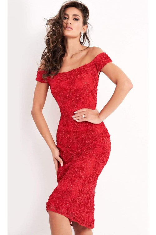 Jovani - 04763 Off-Shoulder Textured Lace Sheath Knee-Length Dress - Prom