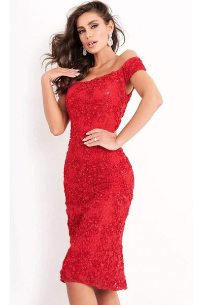 Jovani - 04763 Off-Shoulder Textured Lace Sheath Knee-Length Dress - Prom