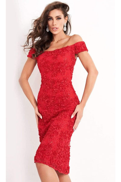 Jovani - 04763 Off-Shoulder Textured Lace Sheath Knee-Length Dress - Prom