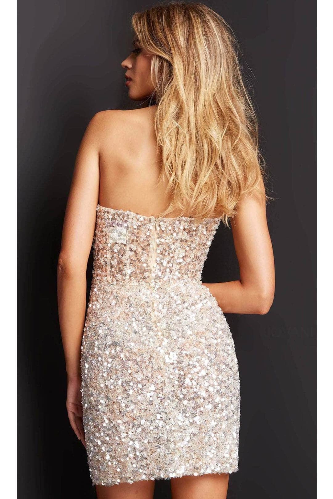 Jovani 04914 Strapless Sheer Bone Corset Sequin Short Nude Prom Dress