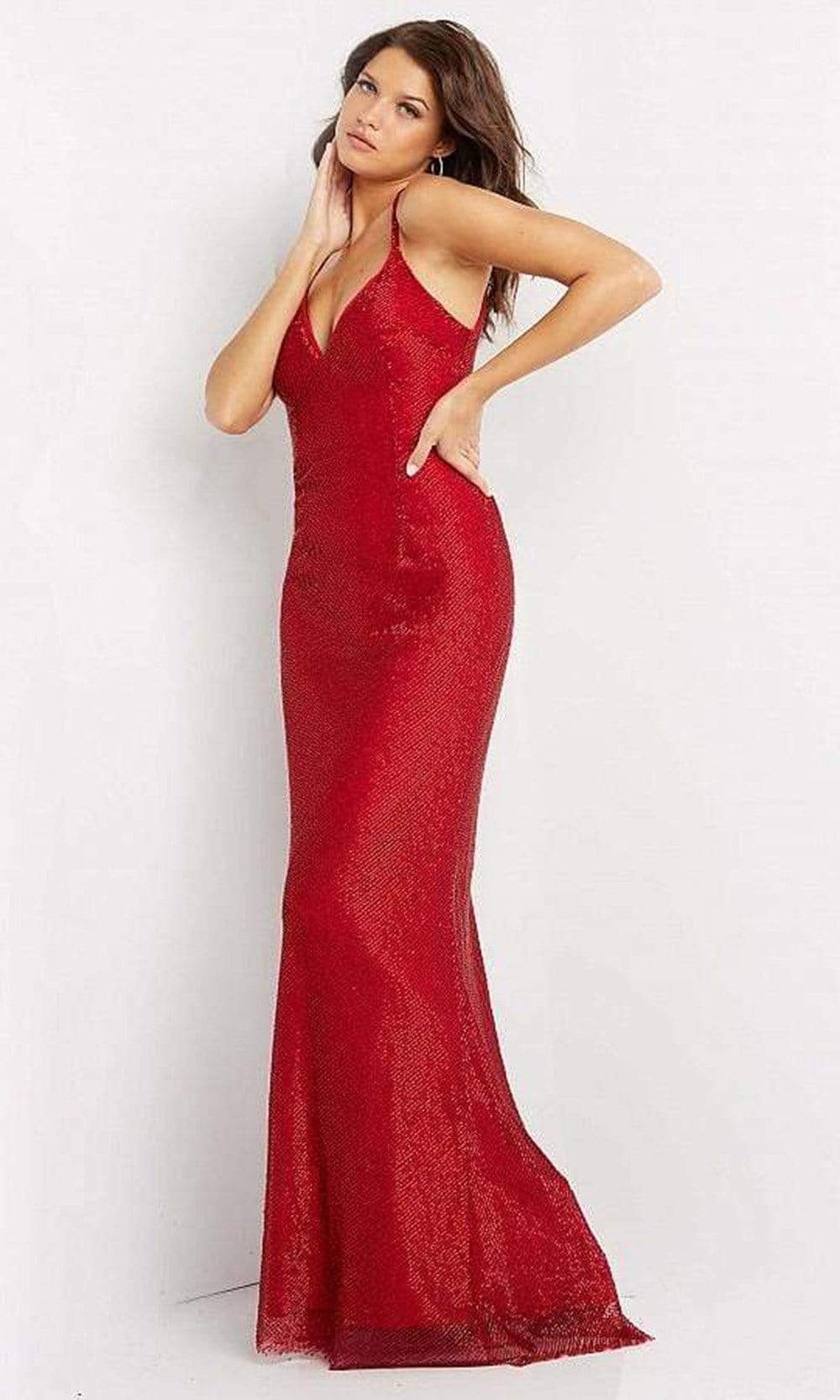 Jovani - 05057 V Neck Shiny Sheath Gown - Prom