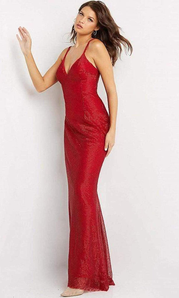 Jovani - 05057 V Neck Shiny Sheath Gown - Prom