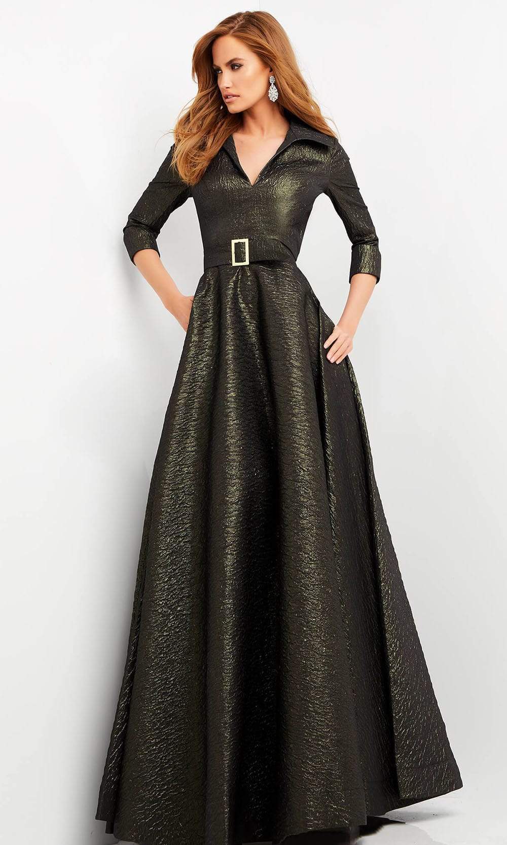 Jovani - 05075 Quarter Sleeve V-Neck Metallic Dress - Prom