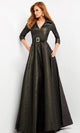Jovani - 05075 Quarter Sleeve V-Neck Metallic Dress - Prom