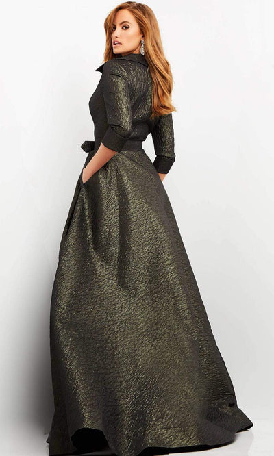 Jovani - 05075 Quarter Sleeve V-Neck Metallic Dress - Prom
