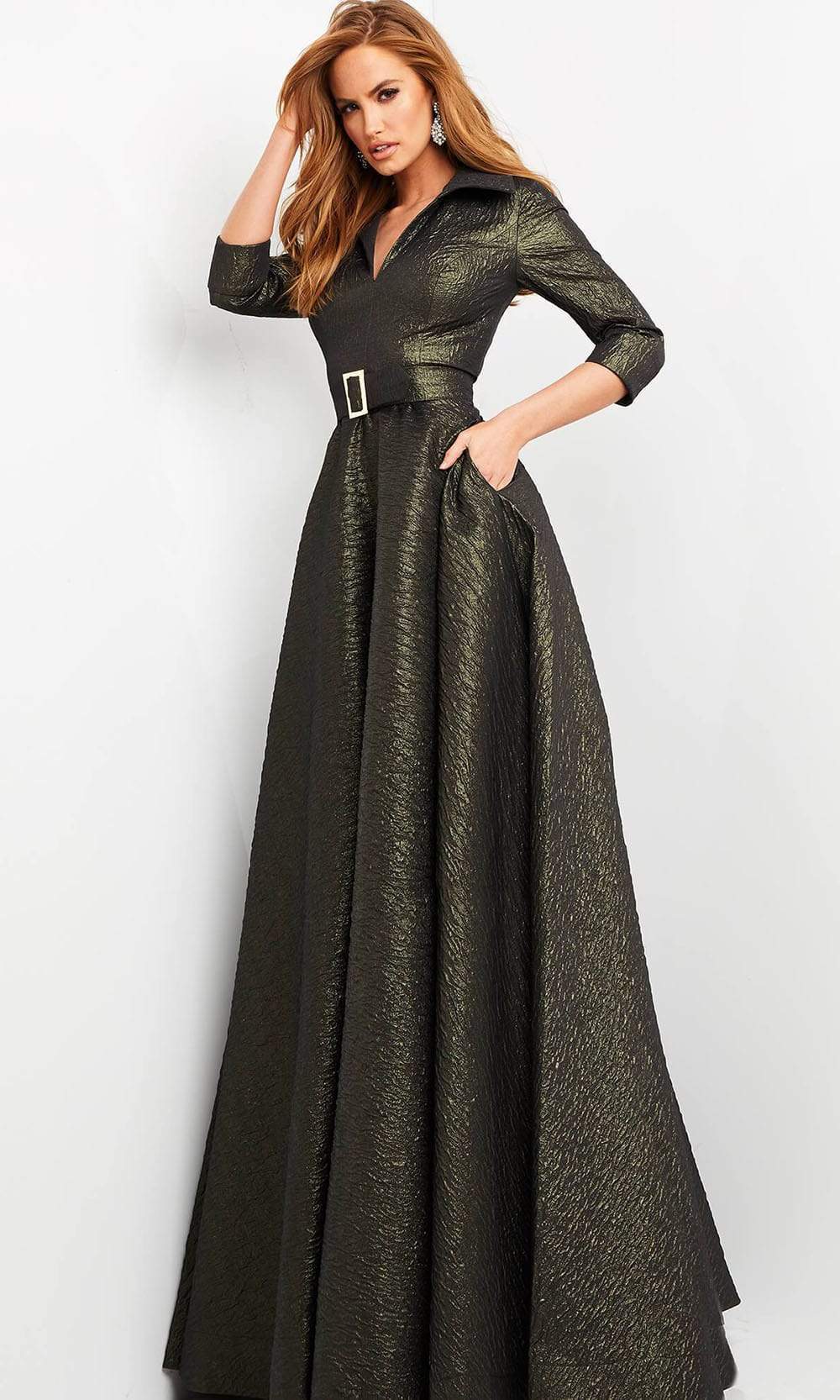 Jovani - 05075 Quarter Sleeve V-Neck Metallic Dress - Prom