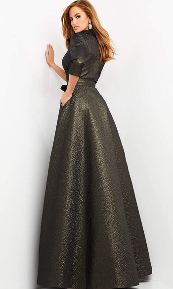 Jovani - 05075 Quarter Sleeve V-Neck Metallic Dress - Prom