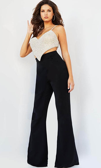 Jovani 05307 - Two-Piece Bell-Bottom Pantsuit with Heart-Shaped Neckline - Prom