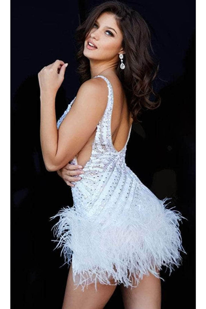 Jovani 05535 Plunging V-Neck Cocktail Dress. - White / 00 - Prom