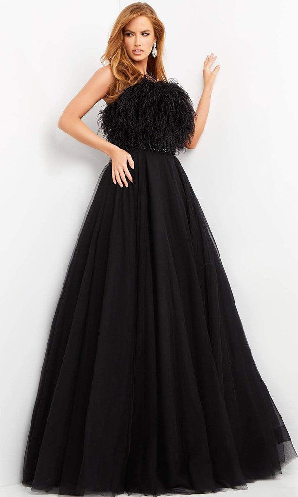 Jovani 05624 - Strapless A-Line Dress with Feather Fringe. - Black / 00 - Prom