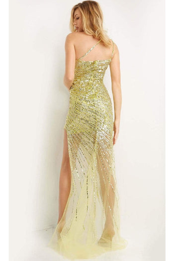 Jovani 05647 Embellished One-Shoulder Sheath Dress - Lime / 00 - Prom