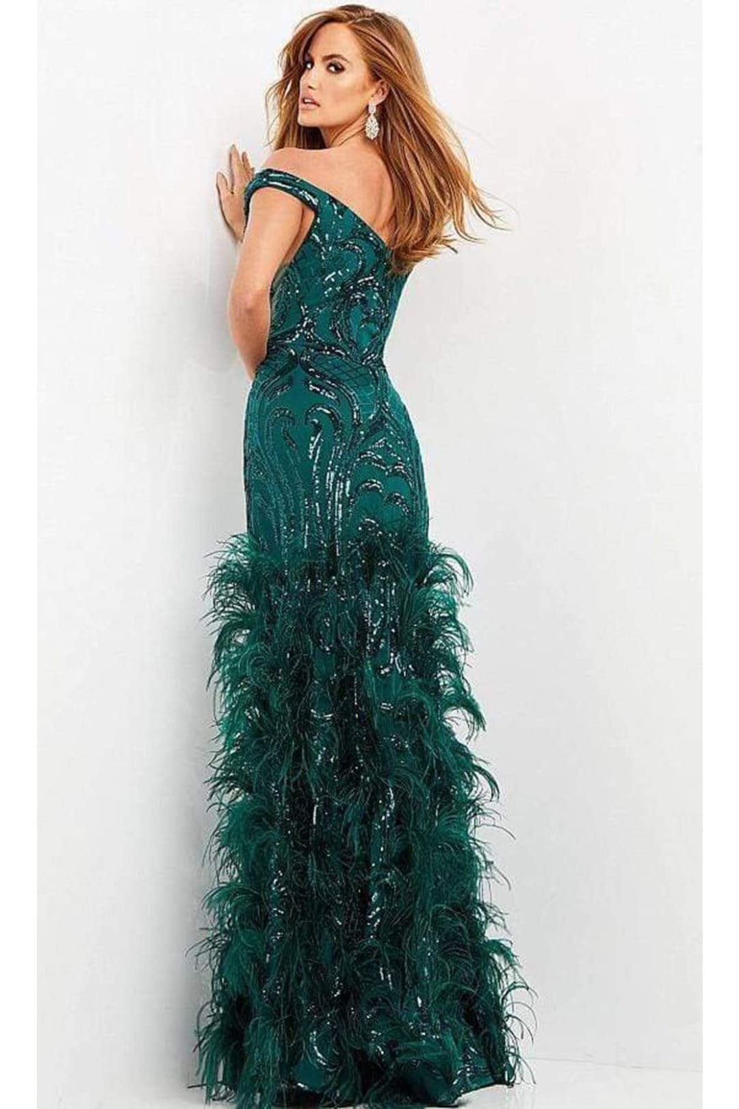 Jovani - 05660 Off Shoulder Sequined and Feathered Gown - Prom