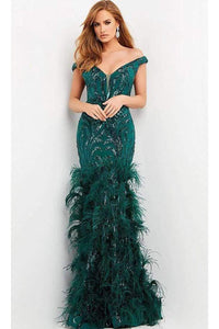 Jovani - 05660 Off Shoulder Sequined and Feathered Gown - Prom