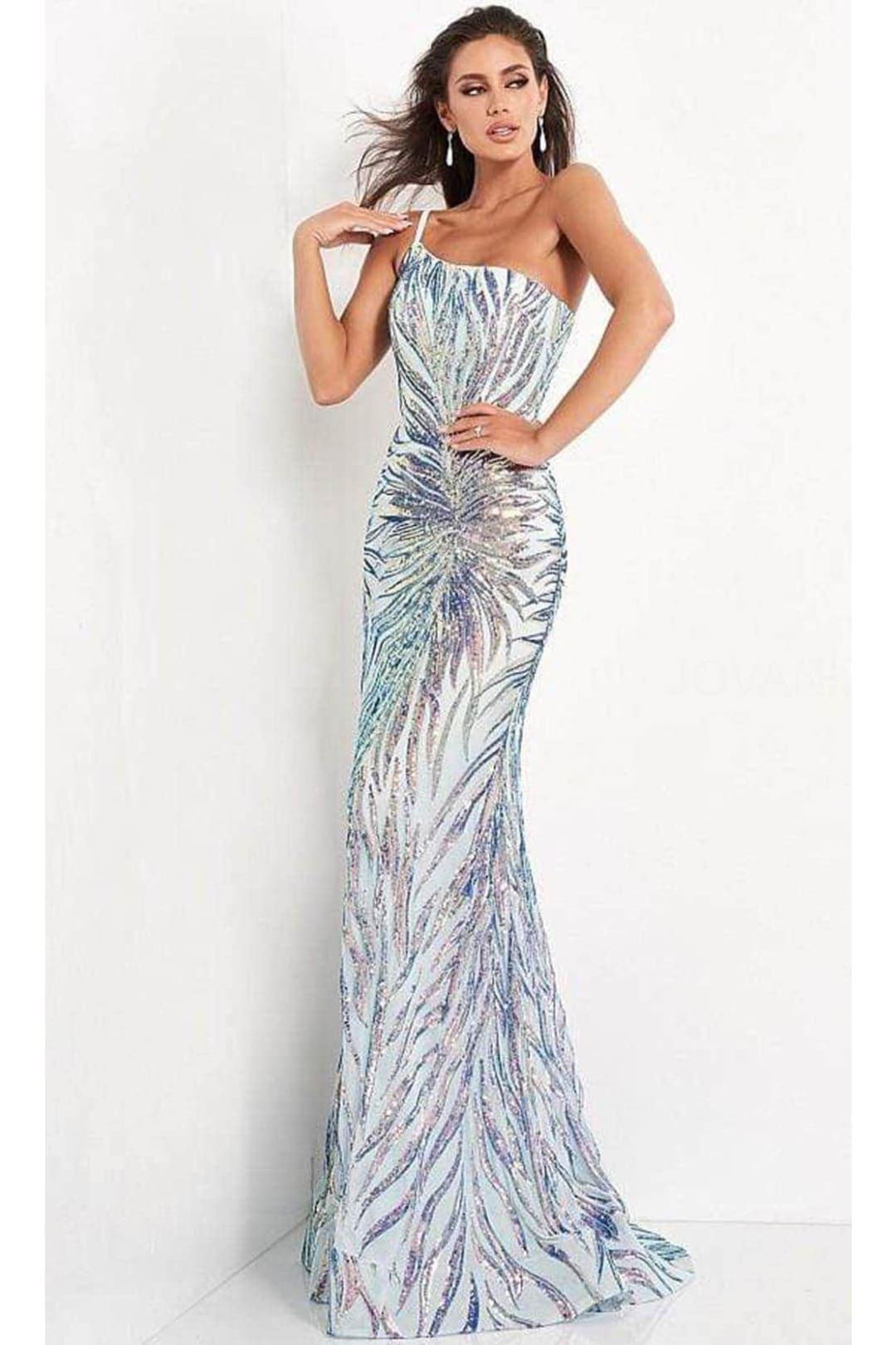 Jovani 05664 One Shoulder Iridescent Sequin Fitted Prom Dress - Dress
