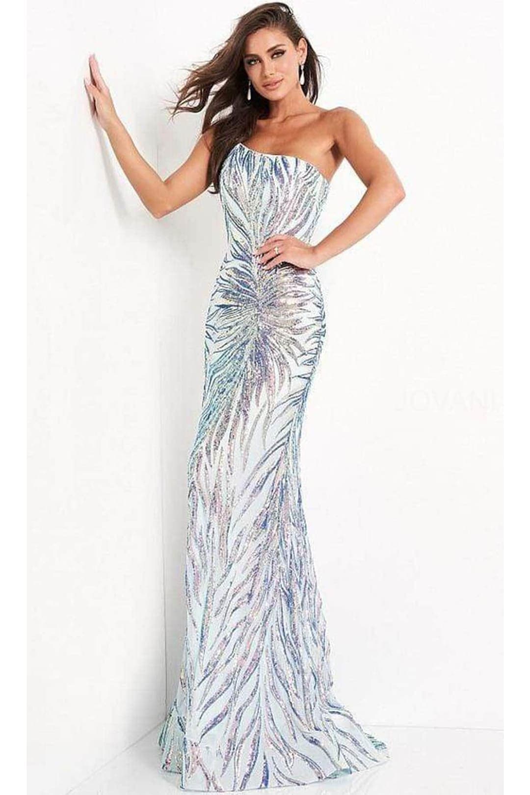 Jovani 05664 One Shoulder Iridescent Sequin Fitted Prom Dress - MINT/MULTI / 00 - Dress