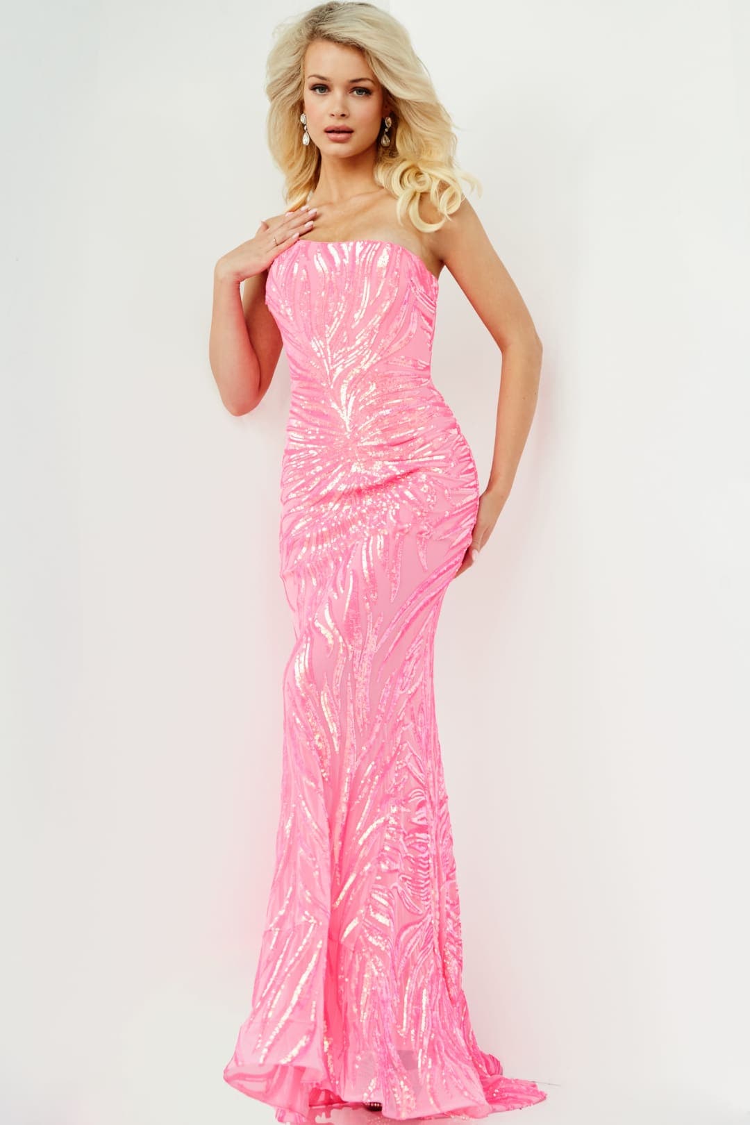Jovani 05664 One Shoulder Iridescent Sequin Fitted Prom Dress - NEON PINK / Dress
