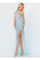 Jovani 05872 Spaghetti Strap Sheer Beaded Applique Slit Prom Dress - LIGHT - BLUE / 00