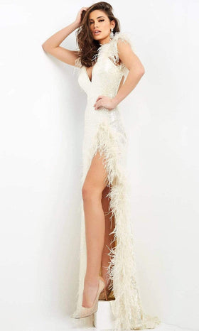 Jovani 06164 Long Dress with Feather Trim and High Slit
