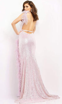 Jovani 06164 Long Dress with Feather Trim and High Slit - Lilac / 00 - Prom