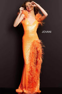 Jovani 06164 Long Dress with Feather Trim and High Slit - Prom