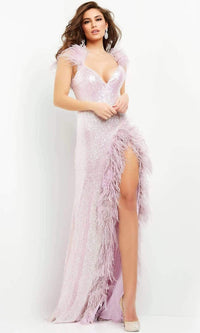 Jovani 06164 Long Dress with Feather Trim and High Slit - Prom