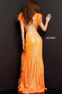 Jovani 06164 Long Dress with Feather Trim and High Slit - Prom