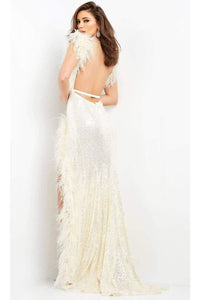 Jovani 06164 Long Dress with Feather Trim and High Slit - Prom