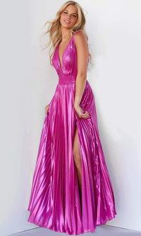 Jovani 06220 - Metallic Gown with Pleats and High Slit. - Prom