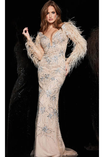 Jovani 06305 - Evening Gown with Beaded Feather Sleeves - Prom