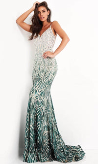 Jovani - 06450 Two Tone Sequined V Neck Trumpet Dress - Prom