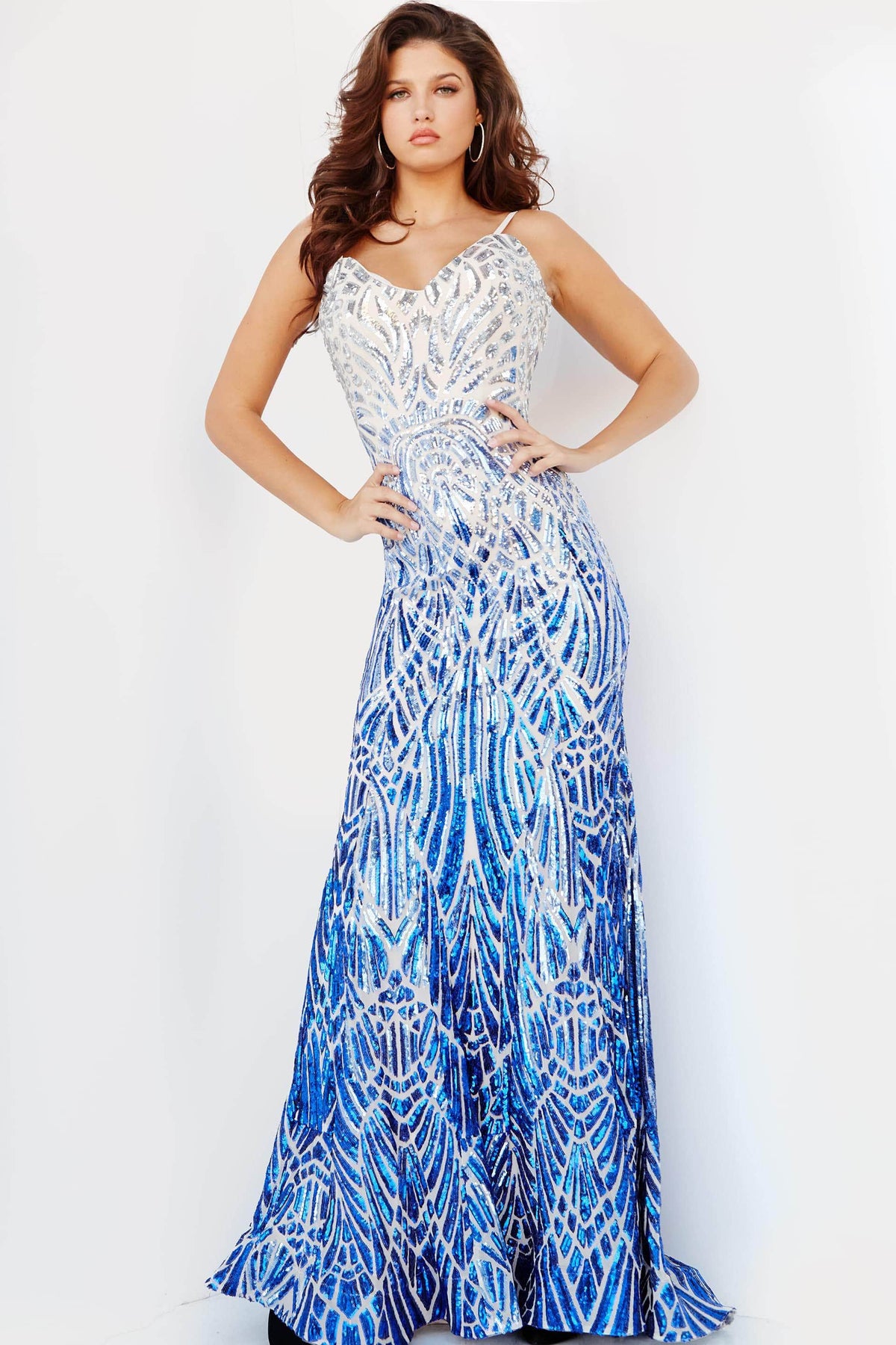 Jovani - 06450 Two Tone Sequined V Neck Trumpet Dress - Prom