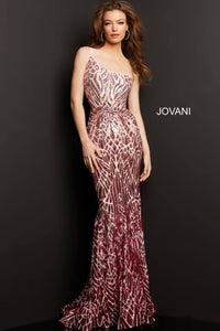 Jovani - 06469 Sequined Modest Prom Trumpet Dress - Pink/Fuchsia / 00 - Prom