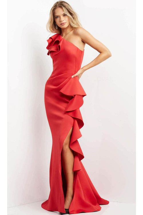 Jovani 06603 - Ruffle Trim Evening Gown with Slit - Prom